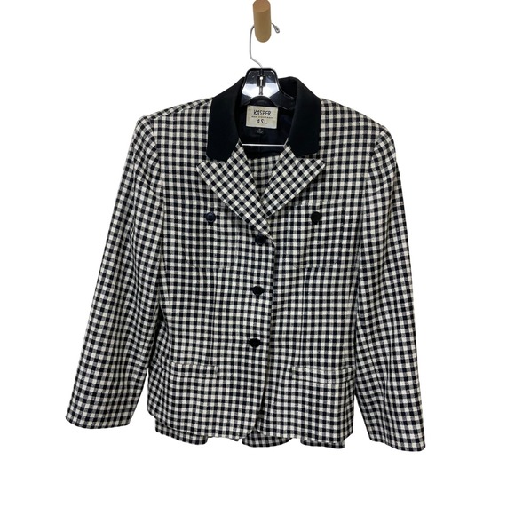 Kasper ASL Blazer Skirt Set Houndstooth Plaid Career‎ Velvet Trim Size 10 - Picture 1 of 3